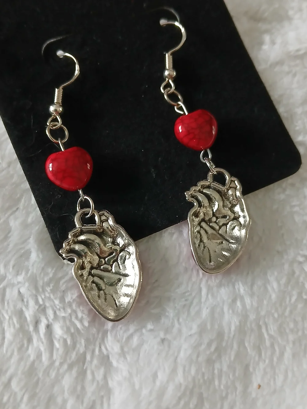 Anatomical Heart Drop Dangle Earrings Set [Silver & Red] - NWT on Card